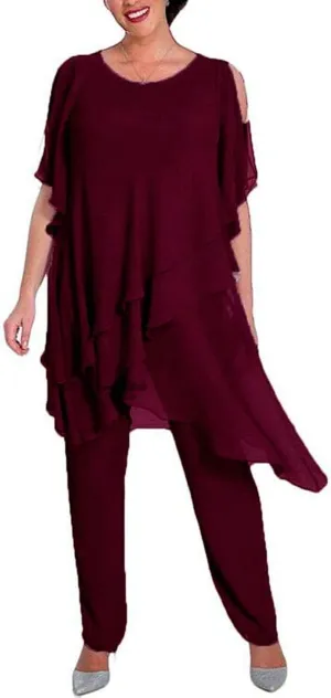 2 PC Mother of The Bride Pants Suit Plus Size Layered Chiffon Women Outfits Long Evening Gown Wedding Guest Dress