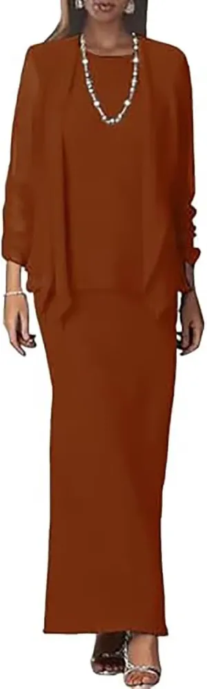 2 PCS Chiffon Mother of The Bride Dresses for Wedding Long Sleeve Evening Dresses for Women with Jacket
