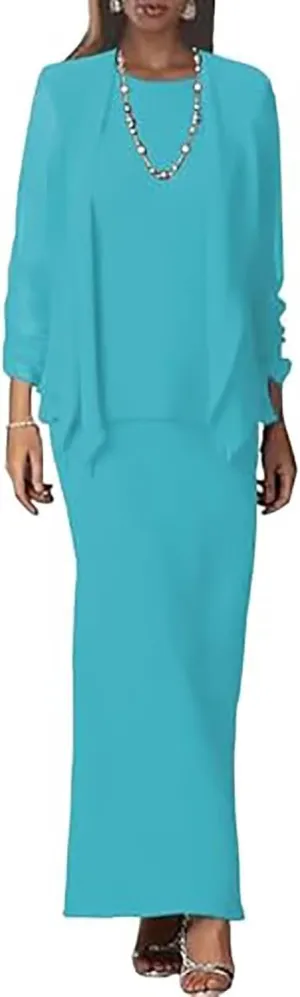 2 PCS Chiffon Mother of The Bride Dresses for Wedding Long Sleeve Evening Dresses for Women with Jacket
