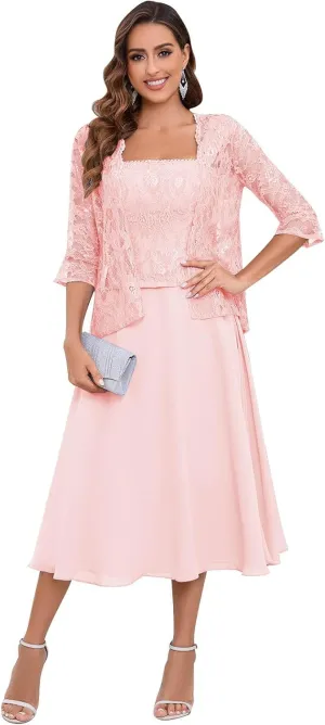2 Pieces Lace Mother of The Bride Dresses for Wedding Tea Length Chiffon Formal Party Gown with Jacket