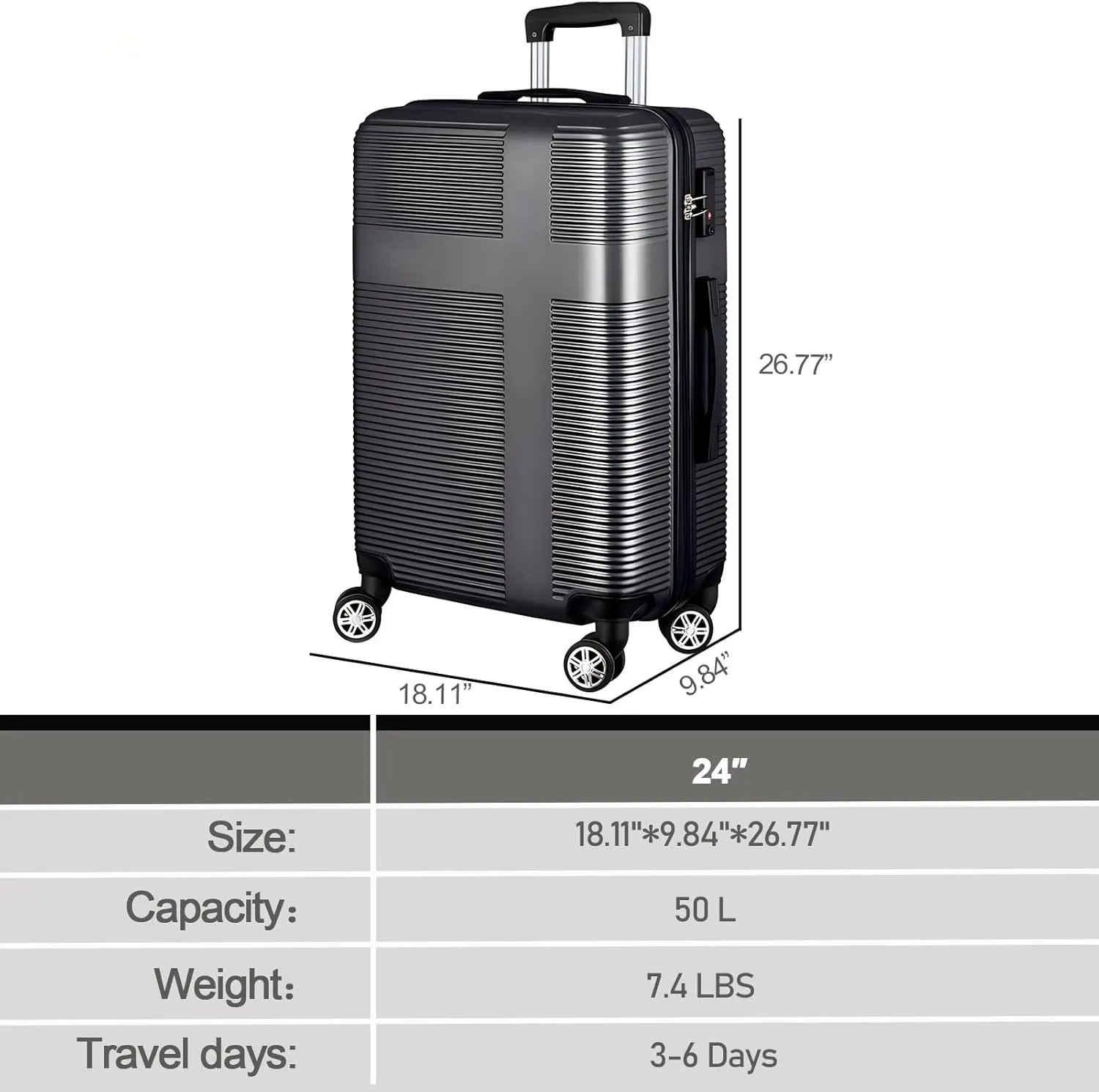24 Inch Luggage with Spinner Wheels, Hardshell Suitcase,Lightweight Checked-Medium Luggage 24-Inch,Black