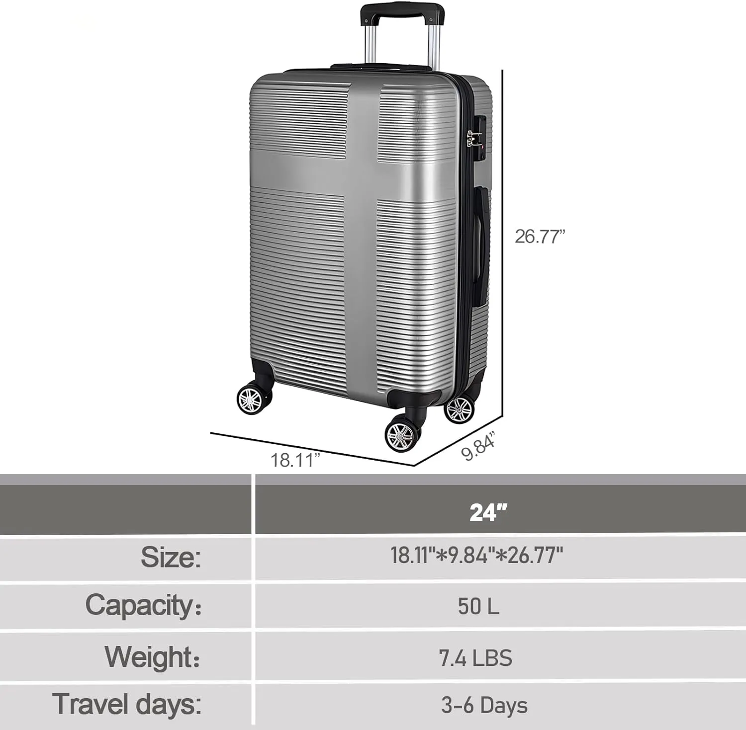 24 Inch Luggage with Spinner Wheels, Hardshell Suitcase,Lightweight Checked-Medium Luggage 24-Inch,Silver Grey