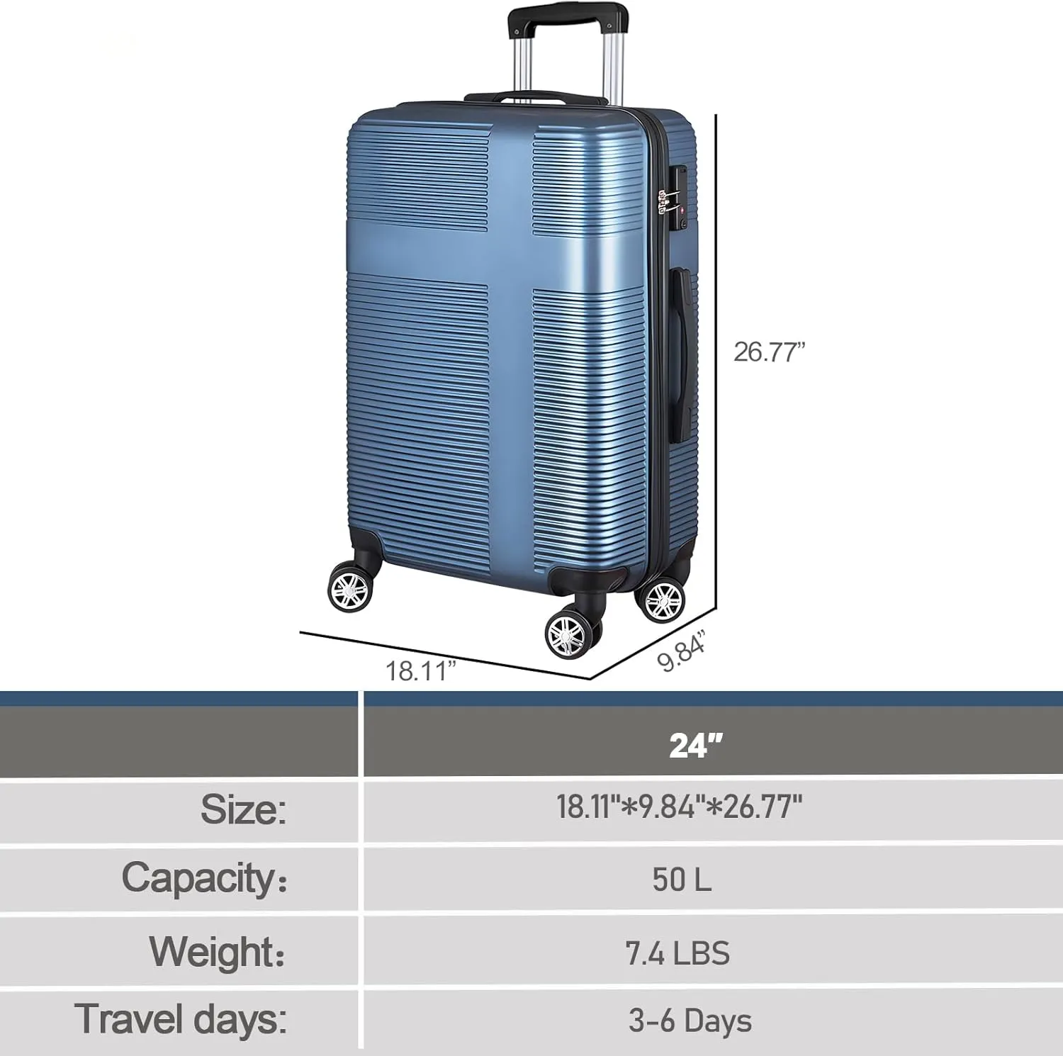 24 Inch Luggage with Spinner Wheels,Hardshell Suitcase,Lightweight Checked-Medium Luggage 24-Inch,Dark Blue