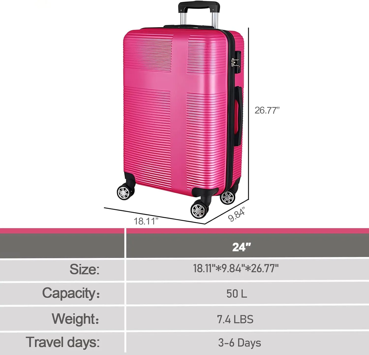 24 Inch Luggage with Spinner Wheels,Hardshell Suitcase,Lightweight Checked-Medium Luggage 24-Inch,Rose Red