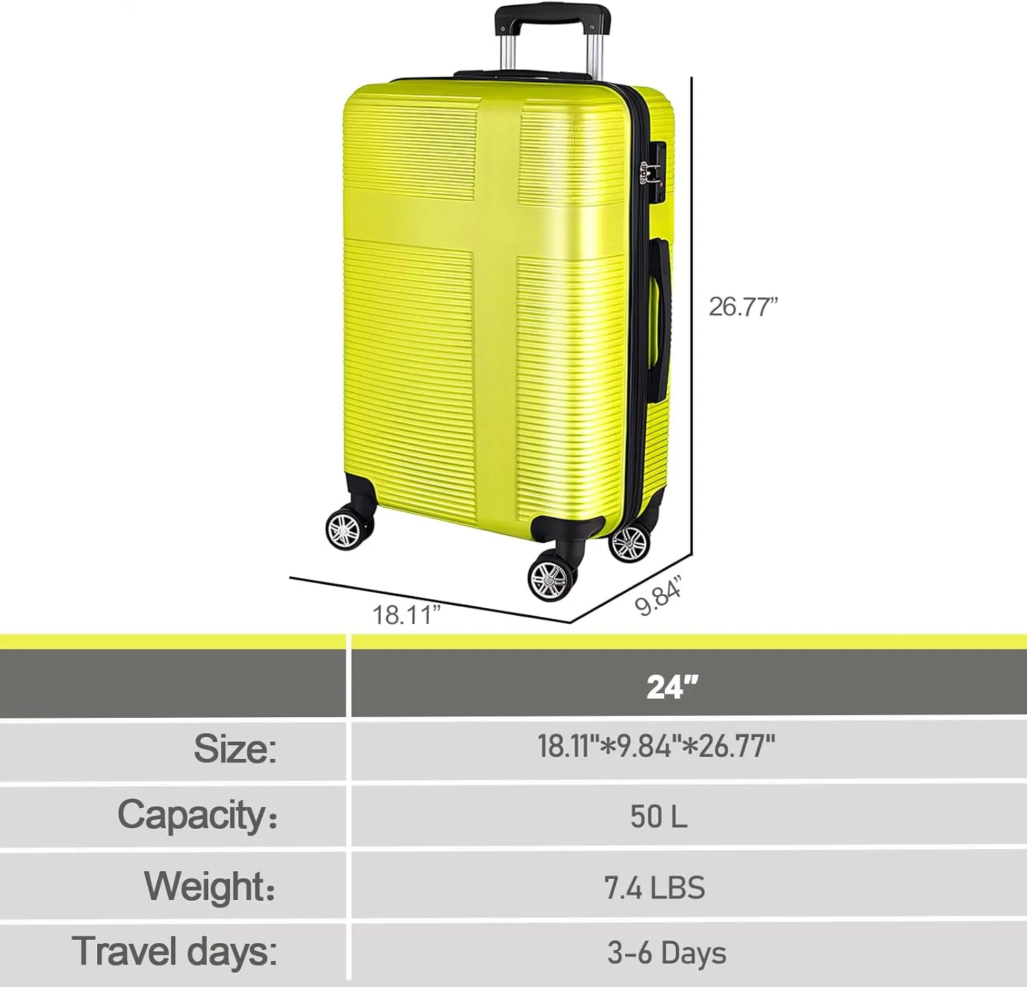 24 Inch Luggage with Spinner Wheels,Hardshell Suitcase,Lightweight Checked-Medium Luggage 24-Inch,Yellow