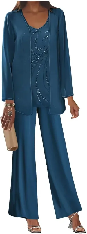 3 Piece Mother of The Bride Pant Suits Long Sleeve Chiffon Formal Wedding Guest Outfit Set with Jacket