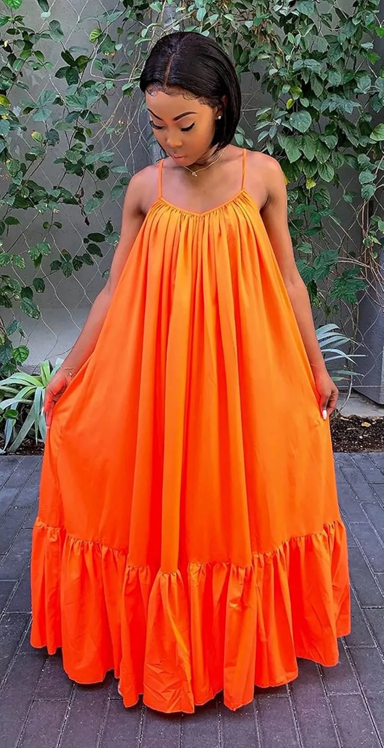 Adogirl Women's Sexy Spaghetti Strap Sleeveless Ruched Ruffle Hem Bandage Oversized Beach Loose Long Maxi Swing Dress