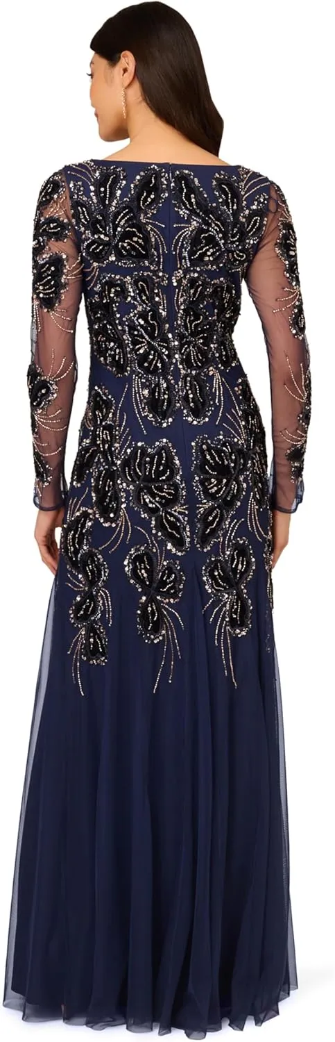 Adrianna Papell Women's Beaded Mesh Velvet Long Dress