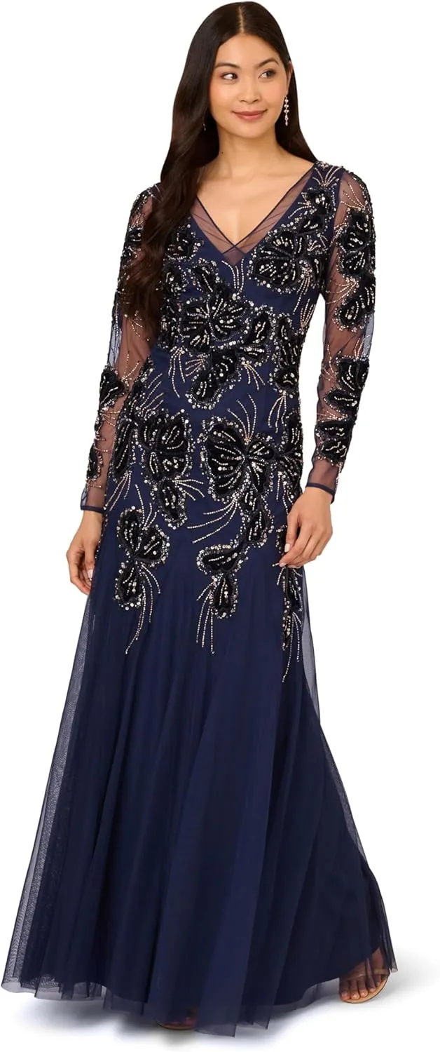 Adrianna Papell Women's Beaded Mesh Velvet Long Dress