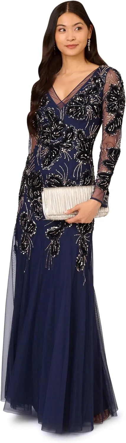 Adrianna Papell Women's Beaded Mesh Velvet Long Dress
