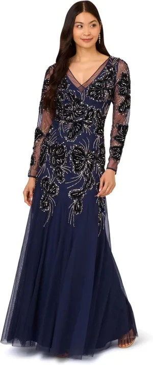 Adrianna Papell Women's Beaded Mesh Velvet Long Dress