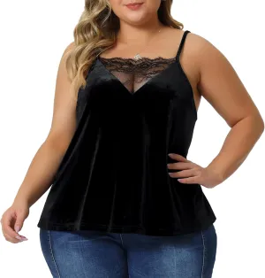 Agnes Orinda Plus Size Sexy Velvet Cami for Women Lace Deep V Neck Sleeveless Camisole Loose Fit Tank Tops