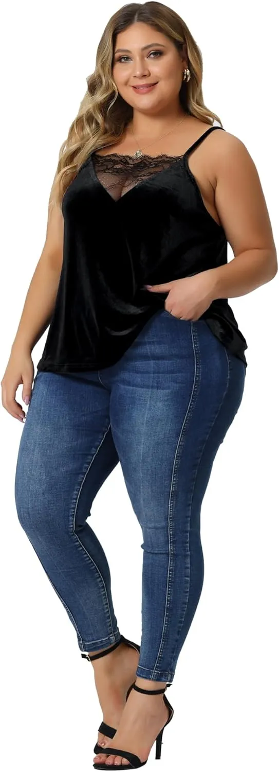Agnes Orinda Plus Size Sexy Velvet Cami for Women Lace Deep V Neck Sleeveless Camisole Loose Fit Tank Tops