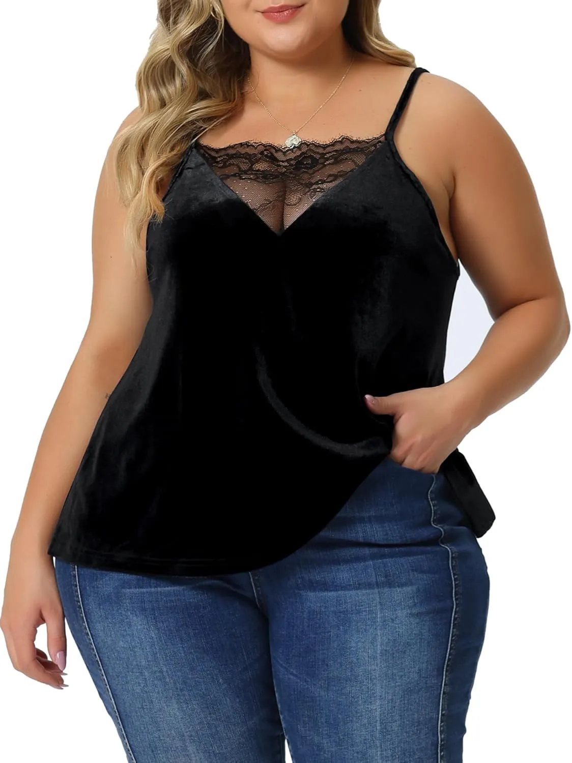 Agnes Orinda Plus Size Sexy Velvet Cami for Women Lace Deep V Neck Sleeveless Camisole Loose Fit Tank Tops