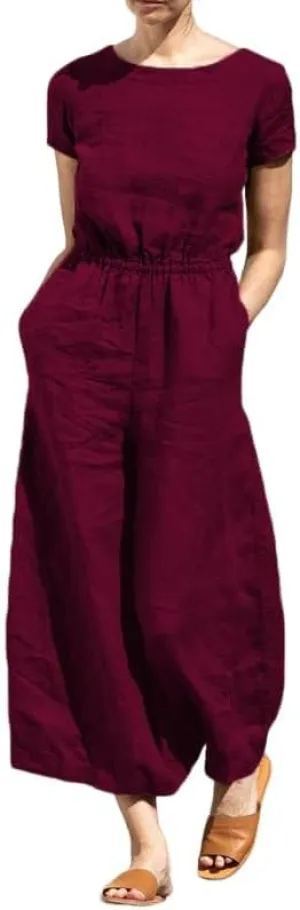 Akivide Summer Jumpsuit for Women 2023 Casual Loose Cotton Linen Short Sleeve Elastic Waist Wide Leg Long Romper with Pockets