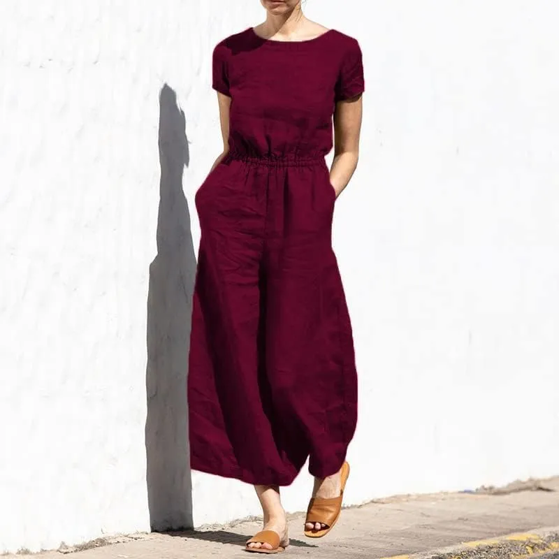 Akivide Summer Jumpsuit for Women 2023 Casual Loose Cotton Linen Short Sleeve Elastic Waist Wide Leg Long Romper with Pockets
