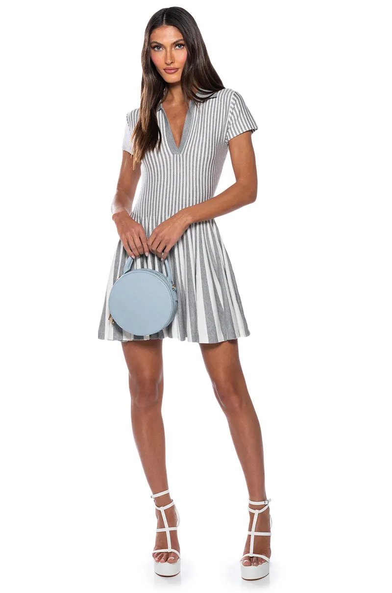 ALINA PLEATED KNIT FIT AND FLARE MINI DRESS