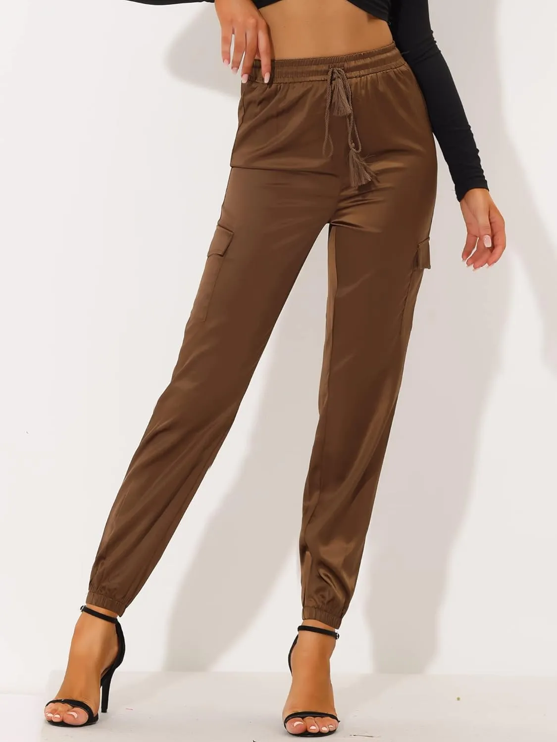Allegra K Women's Satin Joggers Drawstring Elastic Athleisure Pants High Waist Shiny Silky Satin Cargo Pants