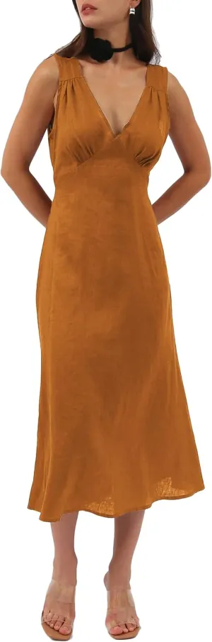 Amazhiyu Womens Pure Linen Summer Deep V Neck Sleeveless Maxi Dress with Belt