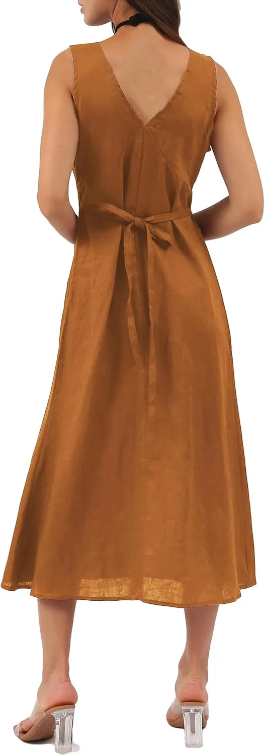 Amazhiyu Womens Pure Linen Summer Deep V Neck Sleeveless Maxi Dress with Belt