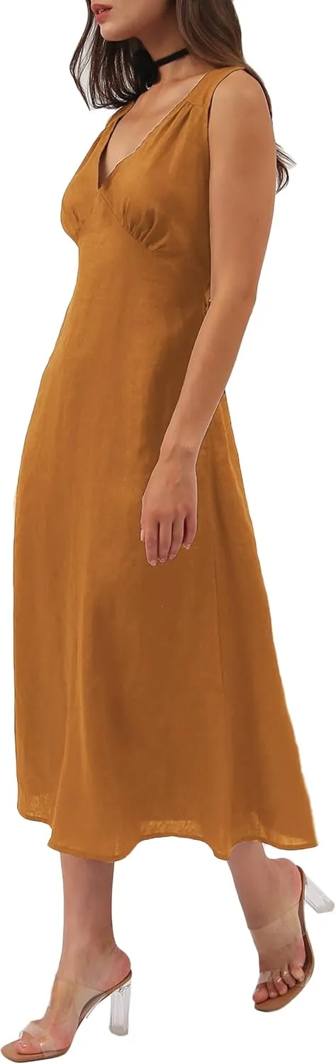 Amazhiyu Womens Pure Linen Summer Deep V Neck Sleeveless Maxi Dress with Belt