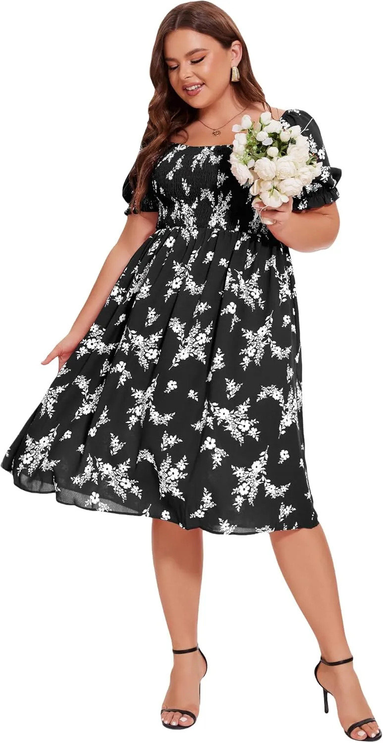 ANOTHER CHOICE Plus Size Dress for Women Puff Sleeve Boho Floral Square Neck Midi Dresses with Pockets
