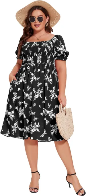 ANOTHER CHOICE Plus Size Dress for Women Puff Sleeve Boho Floral Square Neck Midi Dresses with Pockets