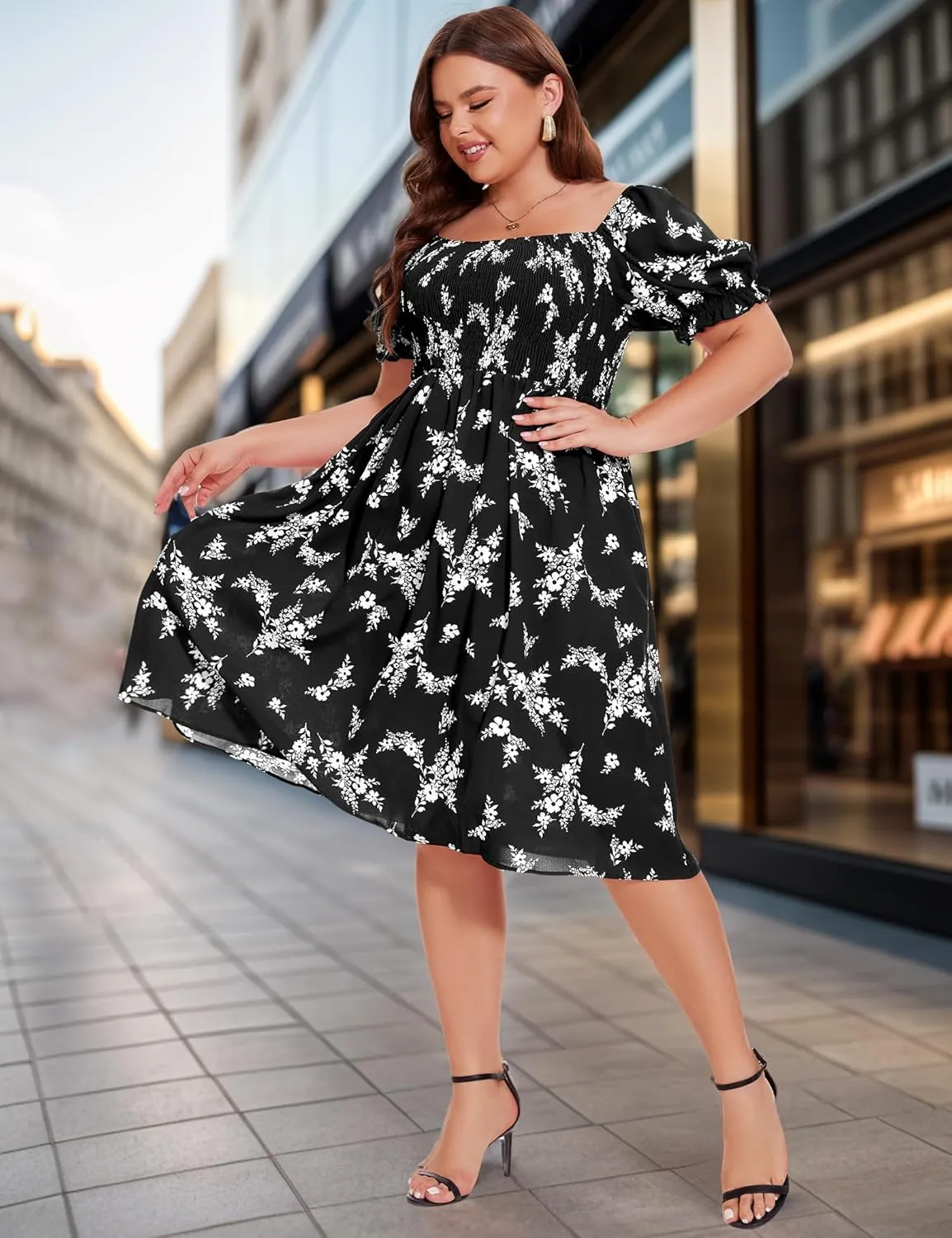 ANOTHER CHOICE Plus Size Dress for Women Puff Sleeve Boho Floral Square Neck Midi Dresses with Pockets