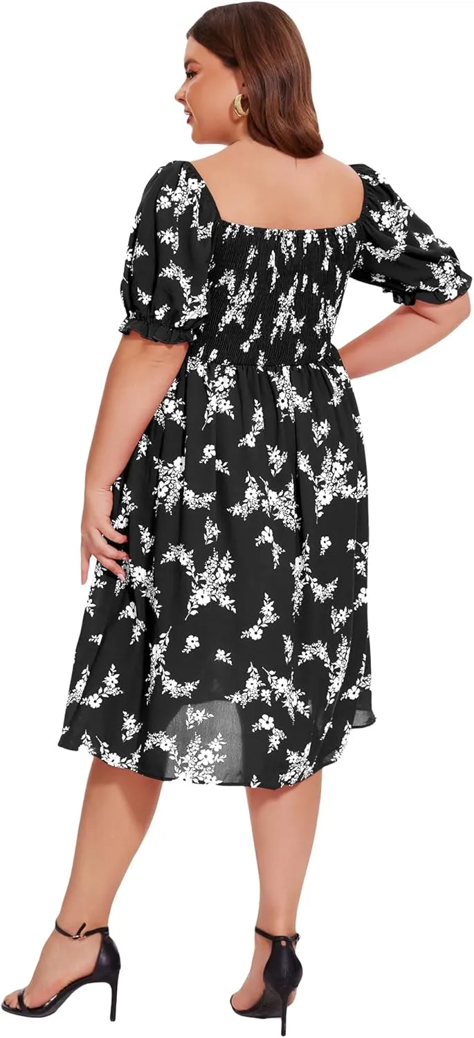 ANOTHER CHOICE Plus Size Dress for Women Puff Sleeve Boho Floral Square Neck Midi Dresses with Pockets