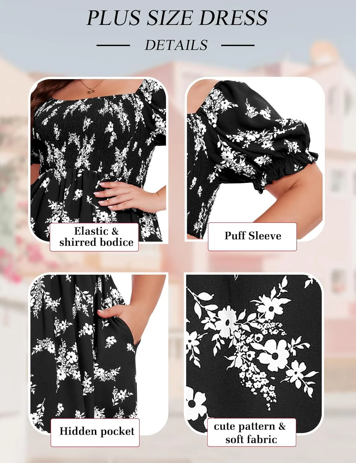 ANOTHER CHOICE Plus Size Dress for Women Puff Sleeve Boho Floral Square Neck Midi Dresses with Pockets