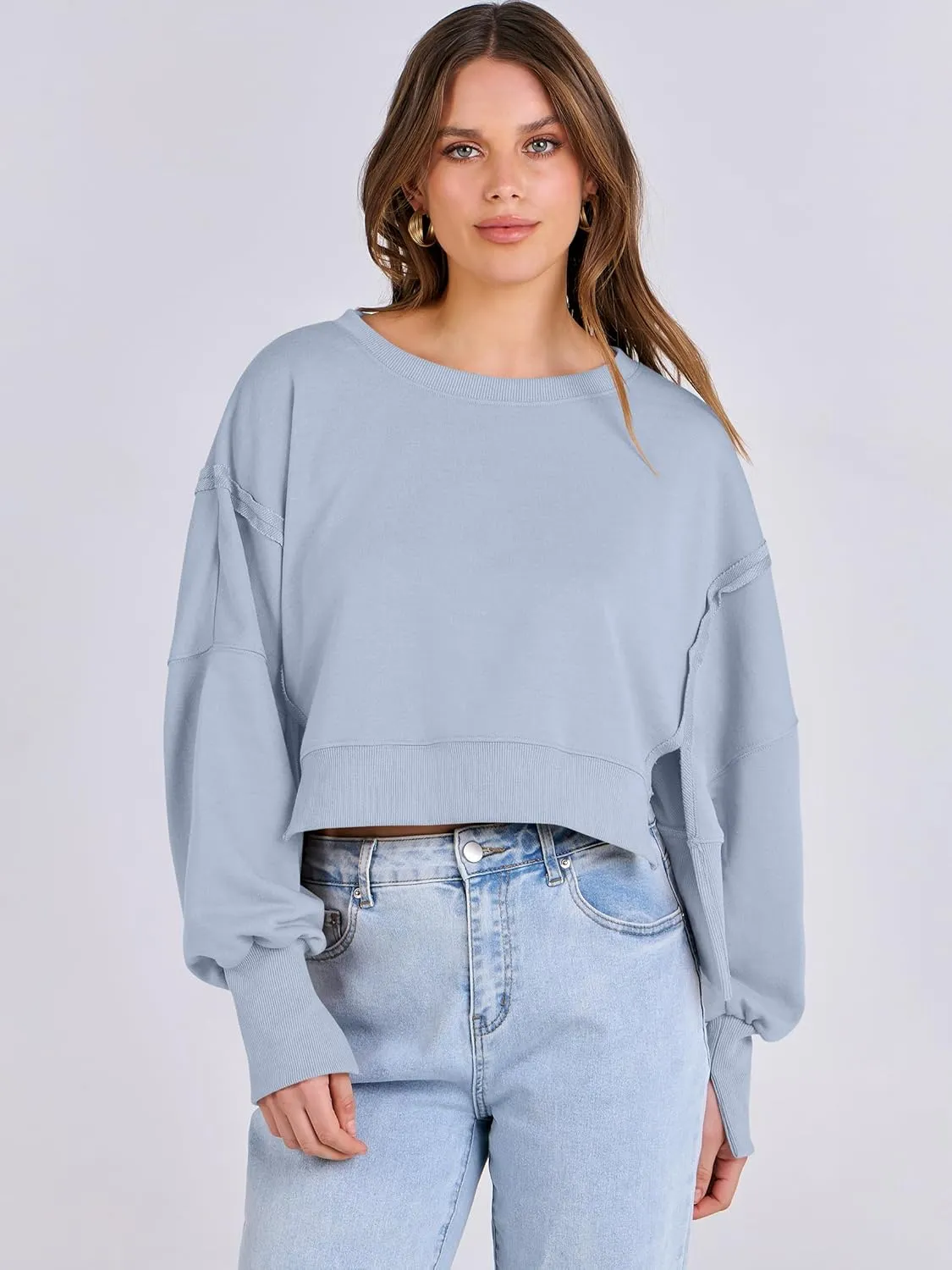 ANRABESS Womens Cropped Oversized Sweatshirts Crewneck Long Sleeve Pullover 2024 Fall Teen Girls Y2K Fashion Crop Tops