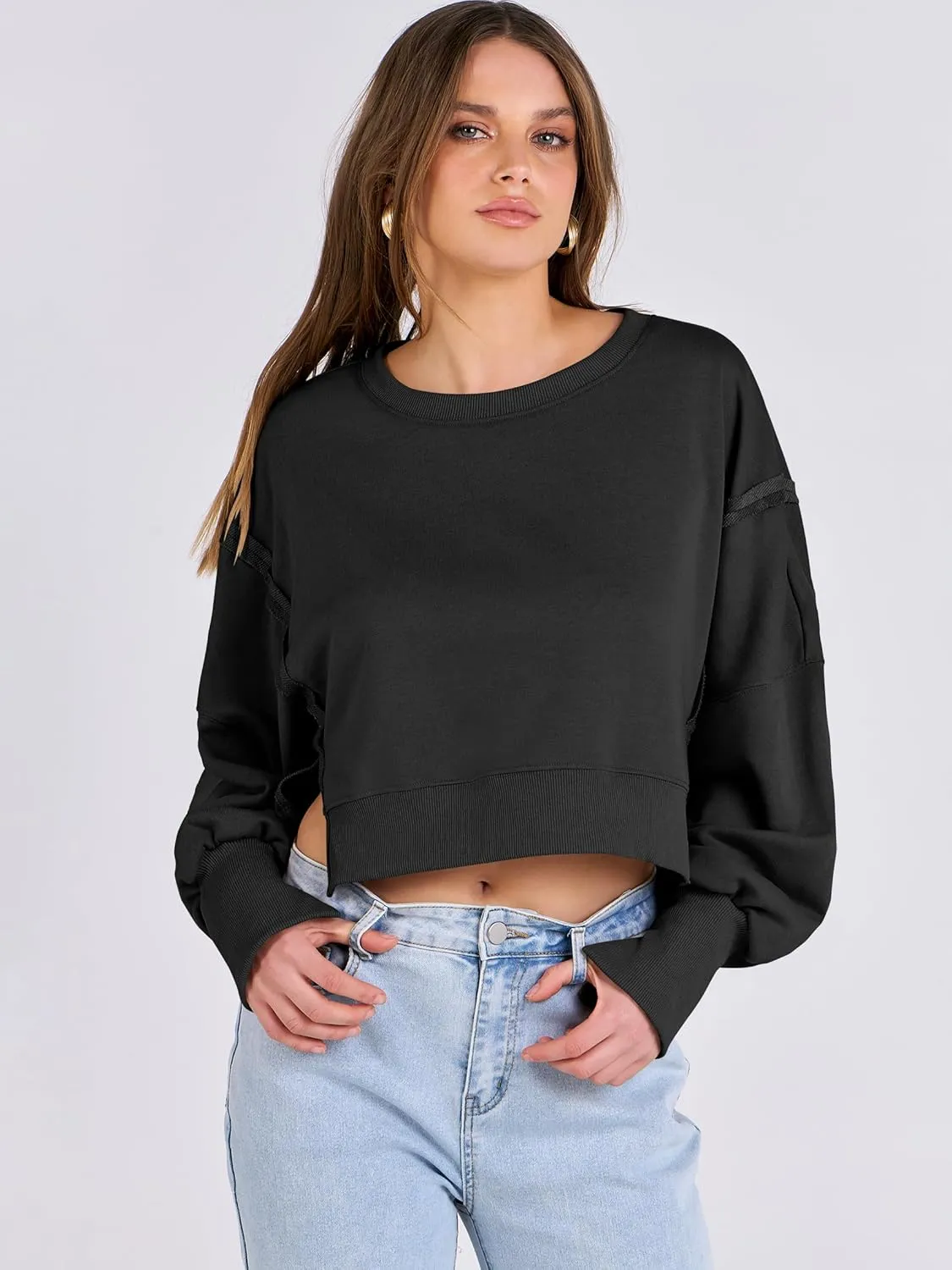 ANRABESS Womens Cropped Oversized Sweatshirts Crewneck Long Sleeve Pullover 2024 Fall Teen Girls Y2K Fashion Crop Tops