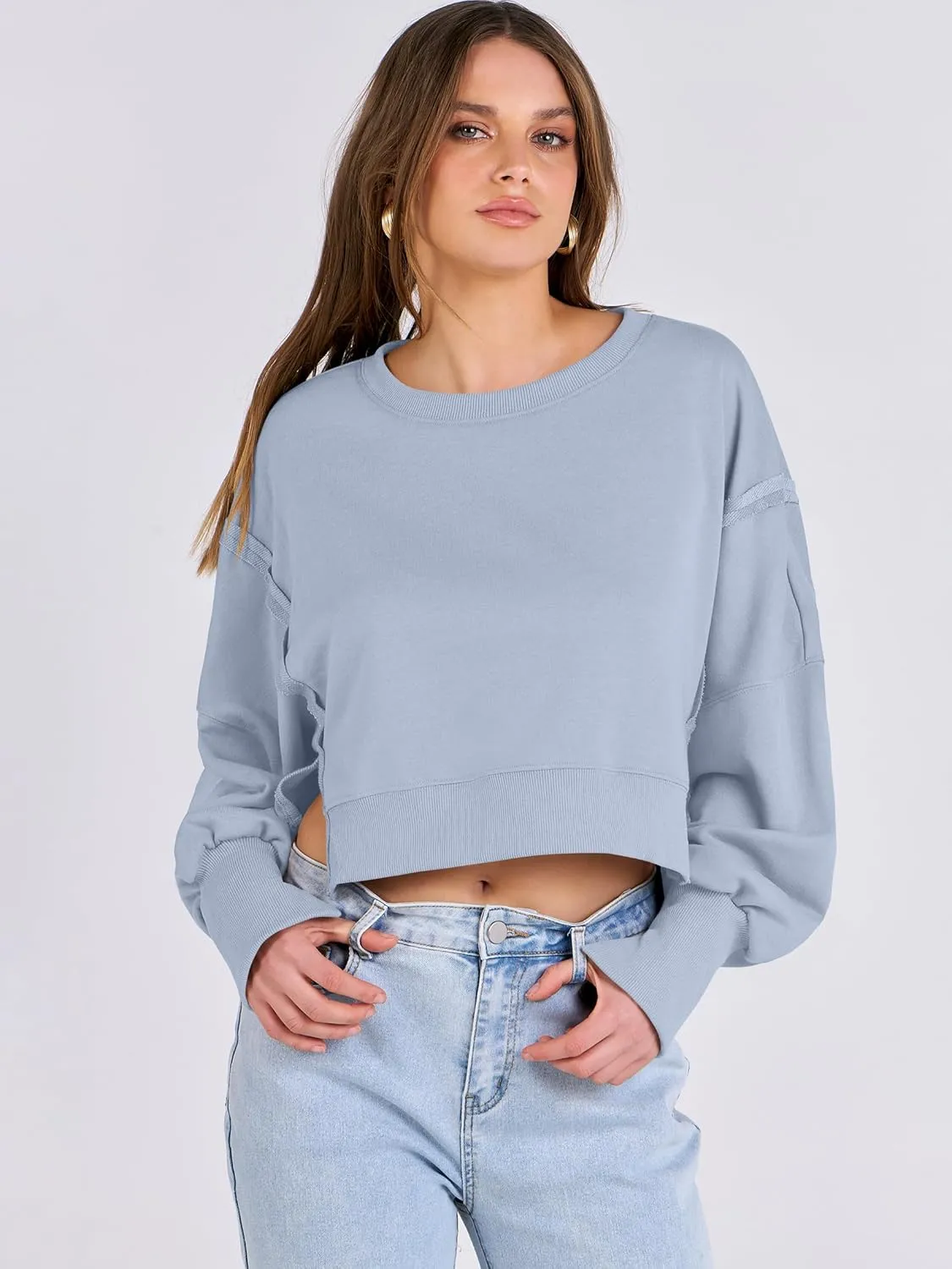 ANRABESS Womens Cropped Oversized Sweatshirts Crewneck Long Sleeve Pullover 2024 Fall Teen Girls Y2K Fashion Crop Tops