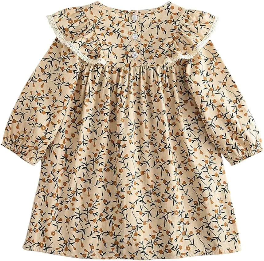 ASHER FASHION Girls Kids Casual Mini Dress Princess Elegant Floral Print A Line Ruffle Long Sleeve Maxi Dresses
