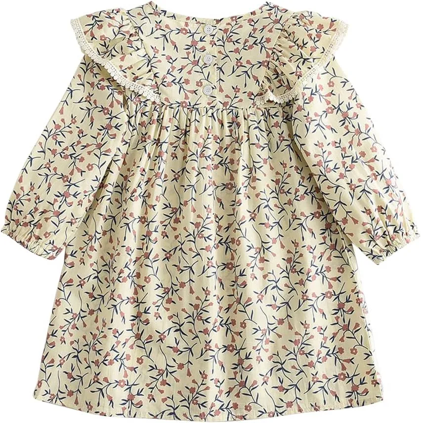 ASHER FASHION Girls Kids Casual Mini Dress Princess Elegant Floral Print A Line Ruffle Long Sleeve Maxi Dresses