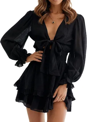 Astylish Womens Cute Spring Summer Sexy Deep V Neck Tie Knot Dress Ruffle Chiffon Lantern Long Sleeve Elegant Hawaiian Flowy Mini Short Skirt Dresses for Women Party Casual Summer 2021 Black Small