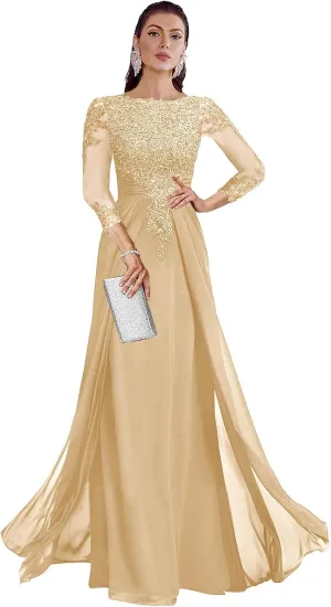 AUMEELAM Lace Applique Mother of The Birde Dress for Wedding 3/4 Sleeves Crew Neck Formal Dresses for Women