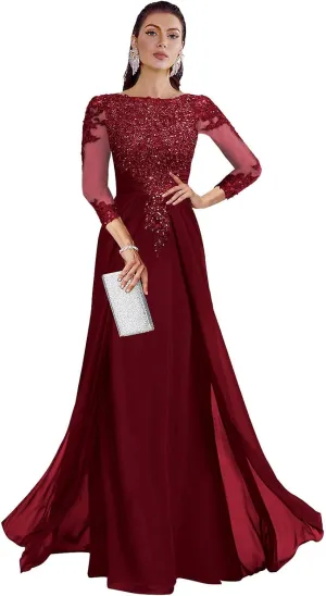 AUMEELAM Lace Applique Mother of The Birde Dress for Wedding 3/4 Sleeves Crew Neck Formal Dresses for Women
