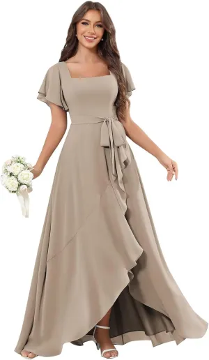 AUMEELAM Women's Chiffon Bridesmaid Dress with Slit Short Sleeve Backless Ruffled Formal Dresses