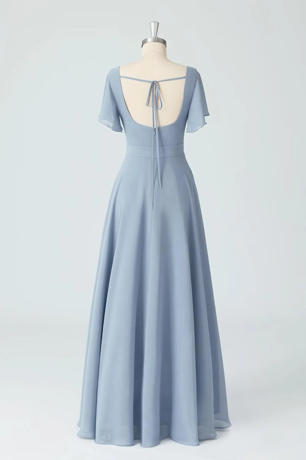 AUMEELAM Women's Chiffon Bridesmaid Dress with Slit Short Sleeve Backless Ruffled Formal Dresses