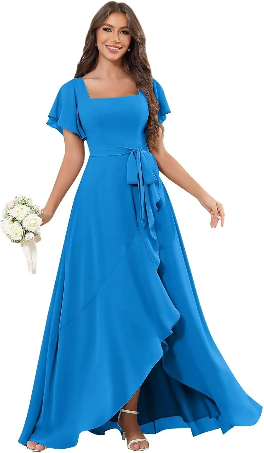 AUMEELAM Women's Chiffon Bridesmaid Dress with Slit Short Sleeve Backless Ruffled Formal Dresses