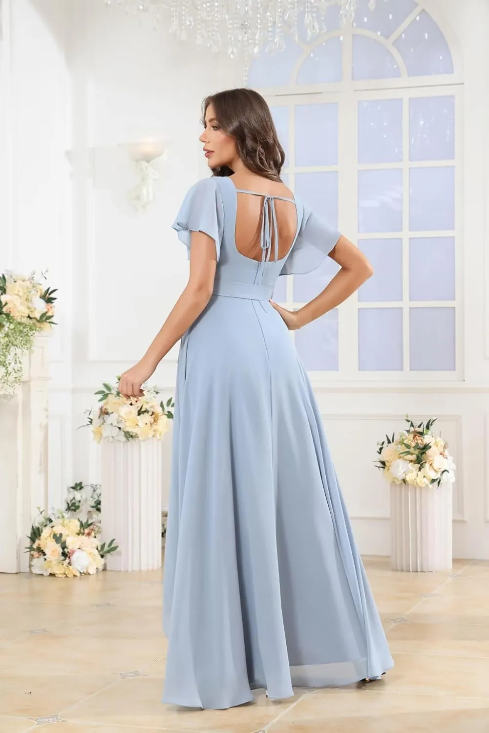 AUMEELAM Women's Chiffon Bridesmaid Dress with Slit Short Sleeve Backless Ruffled Formal Dresses
