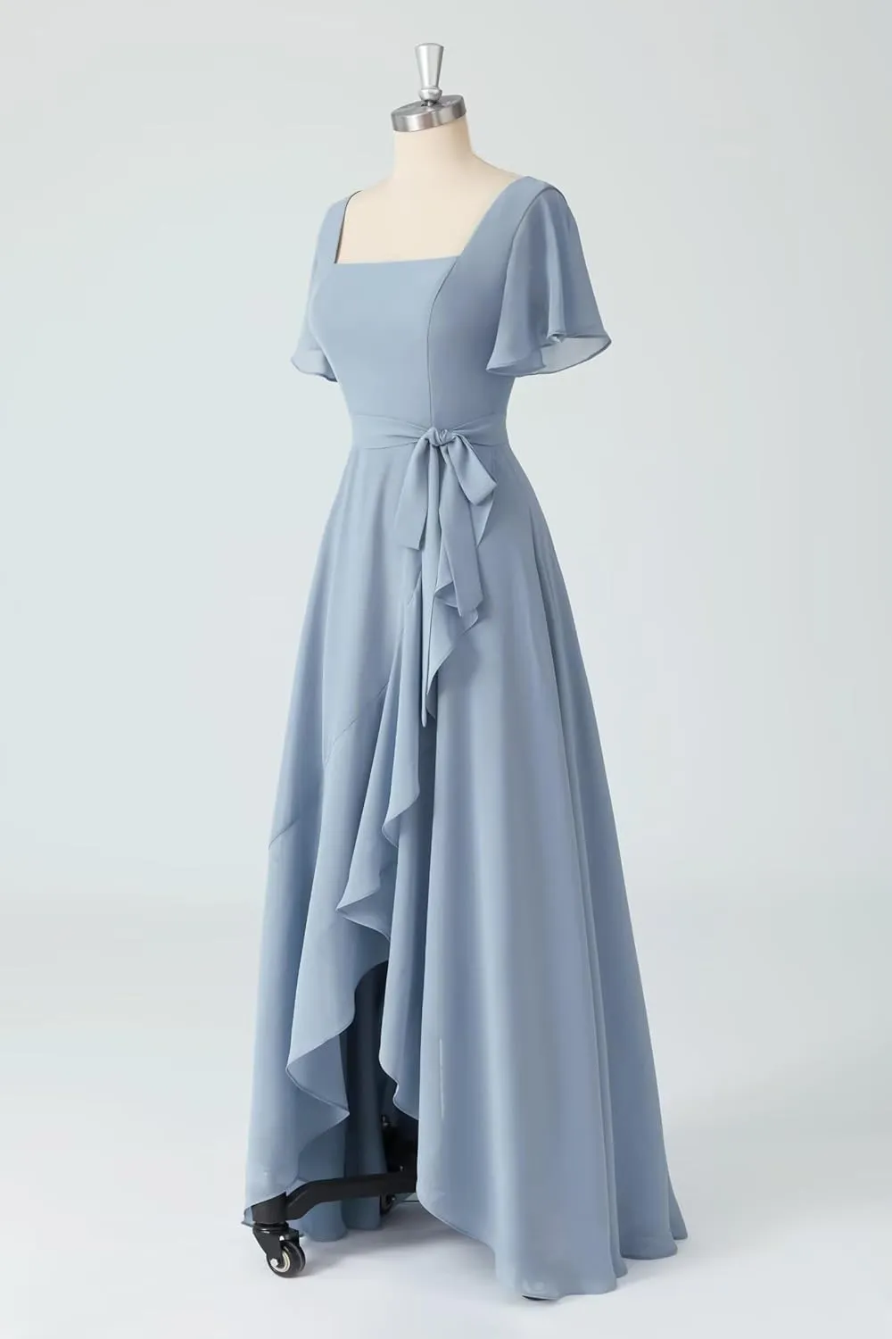 AUMEELAM Women's Chiffon Bridesmaid Dress with Slit Short Sleeve Backless Ruffled Formal Dresses