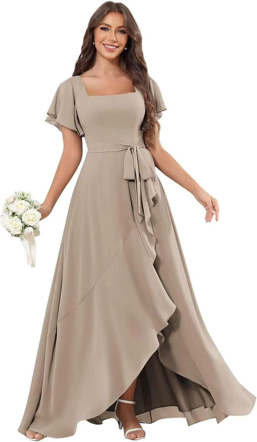 AUMEELAM Women's Chiffon Bridesmaid Dress with Slit Short Sleeve Backless Ruffled Formal Dresses