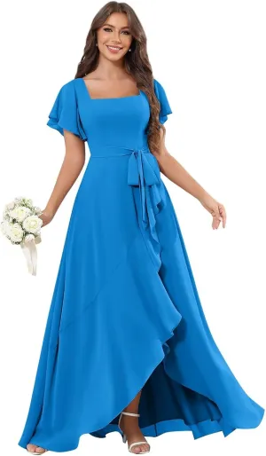 AUMEELAM Women's Chiffon Bridesmaid Dress with Slit Short Sleeve Backless Ruffled Formal Dresses
