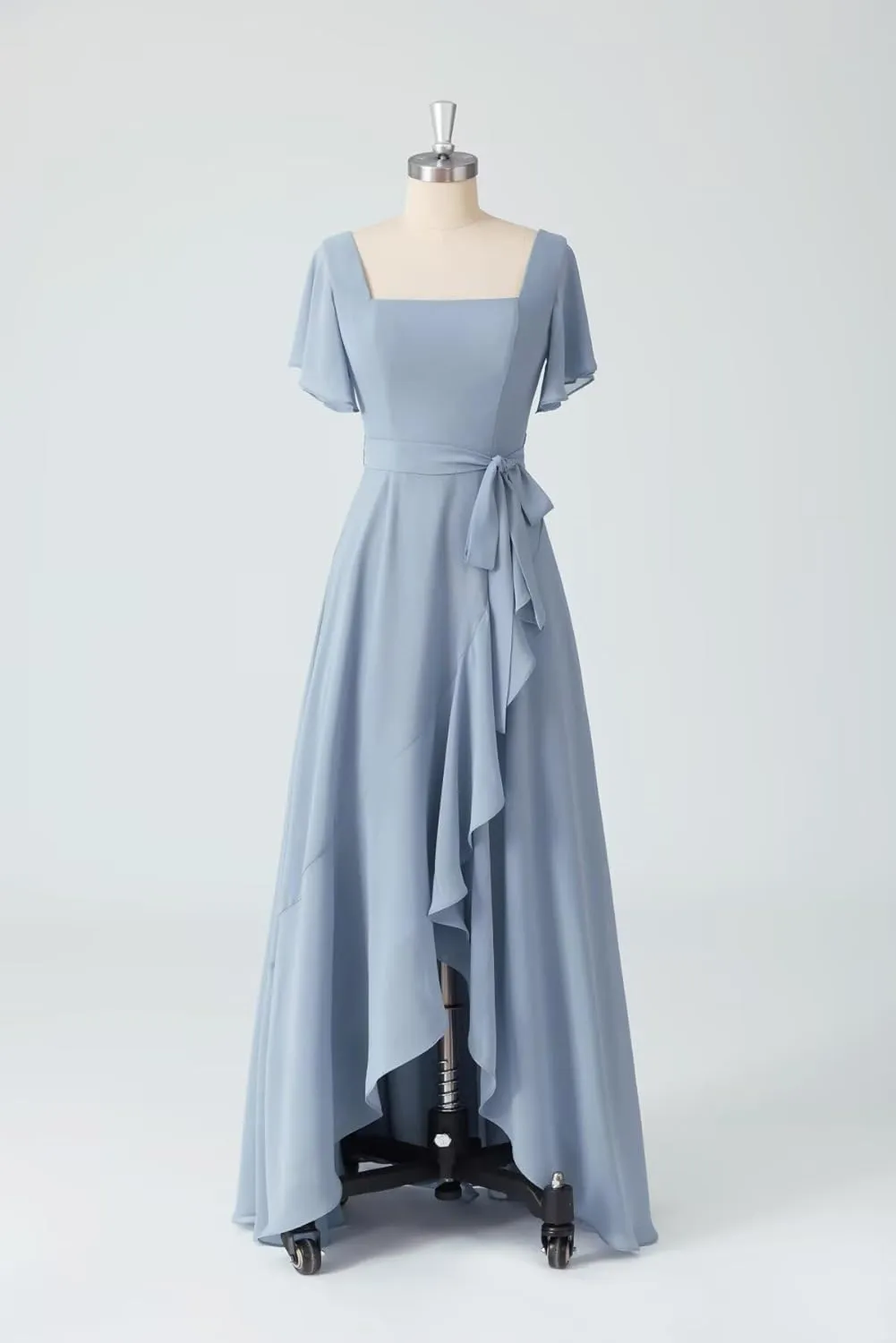 AUMEELAM Women's Chiffon Bridesmaid Dress with Slit Short Sleeve Backless Ruffled Formal Dresses