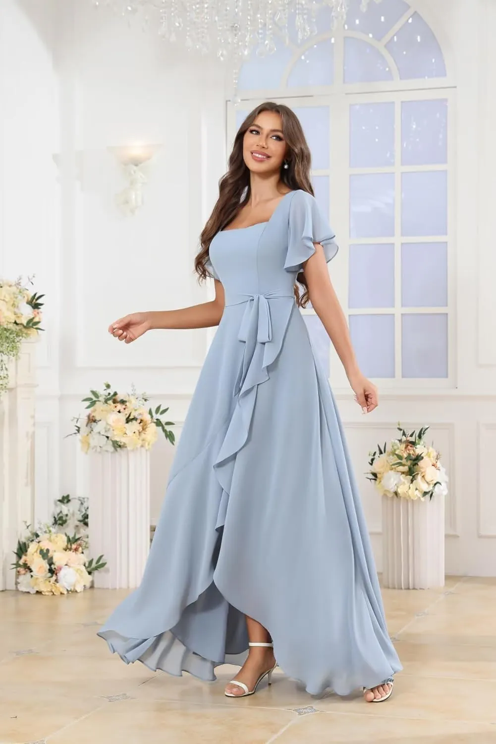 AUMEELAM Women's Chiffon Bridesmaid Dress with Slit Short Sleeve Backless Ruffled Formal Dresses