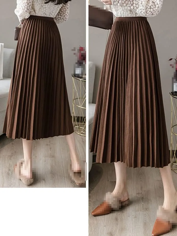Autumn Winter Thick Woolen Midi Long Pleated Skirt Women Korean Style Mid-Length High Waist A Line Skirt Female