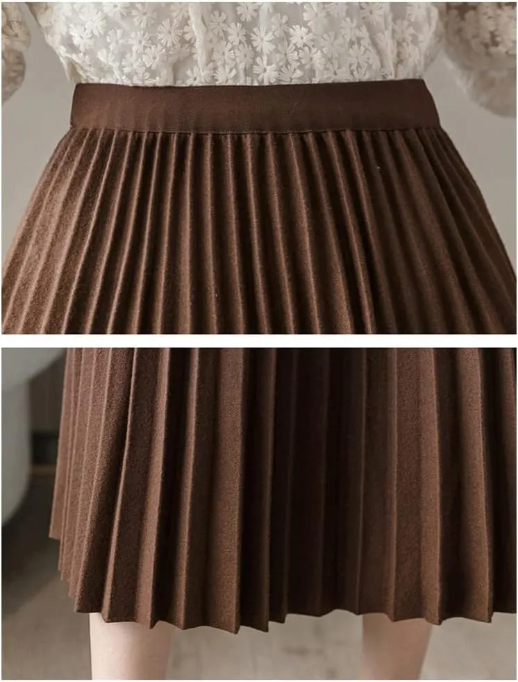 Autumn Winter Thick Woolen Midi Long Pleated Skirt Women Korean Style Mid-Length High Waist A Line Skirt Female