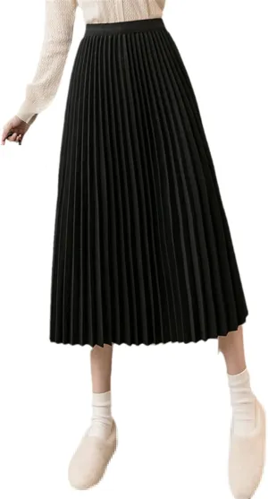 Autumn Winter Thick Woolen Midi Long Pleated Skirt Women Korean Style Mid-Length High Waist A Line Skirt Female